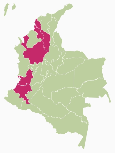 Mapa de Colombia con los departamentos marcados donde opera el programa WLH