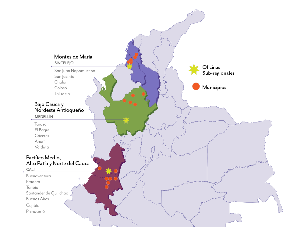 Mapa de Colombia que muestra los departamentos y los Municipios donde opera el programa WLH