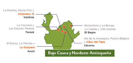 Mapa de la región del Bajo Cauca Antioqueño señalando las comunidades donde opera WLH