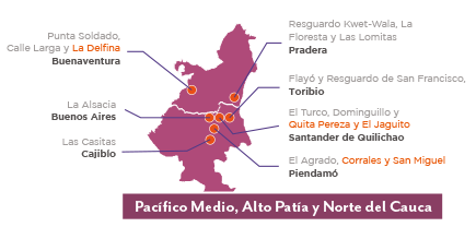 Mapa de la región de Pacífico Medio, Alto Patía y Norte del Cauca señalando las comunidades donde opera WLH