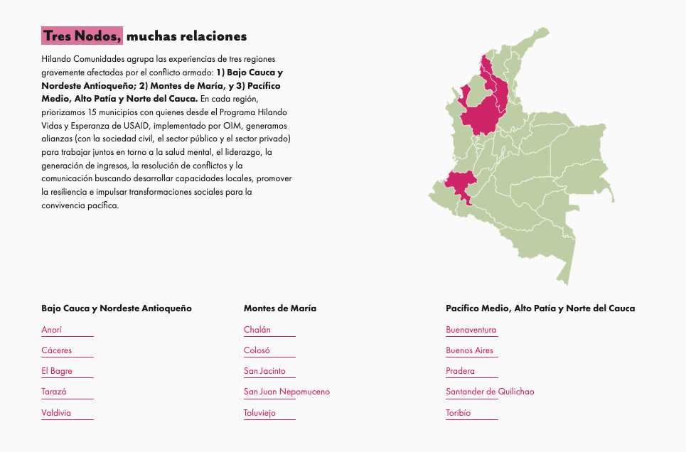 Mapa de Colombia marcado con las tres regiones en las que trabaja WLH
